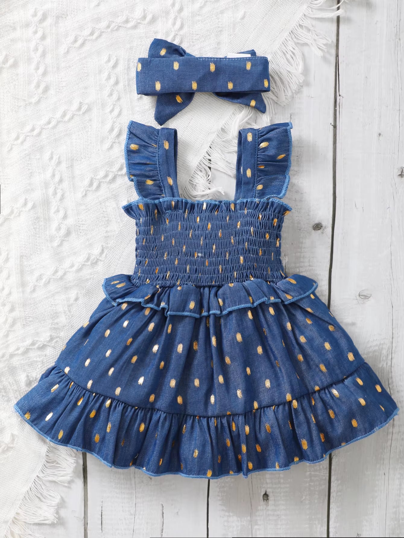 Golden Bloom – Baby Girl Blue Slip Dress with Gold Dots and Matching Headband Set