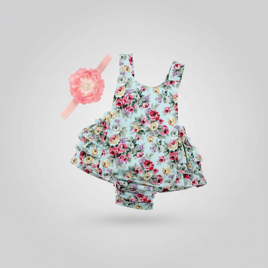 Baby Girl'S Floral Print Ruffles Romper Summer Clothes with Headband